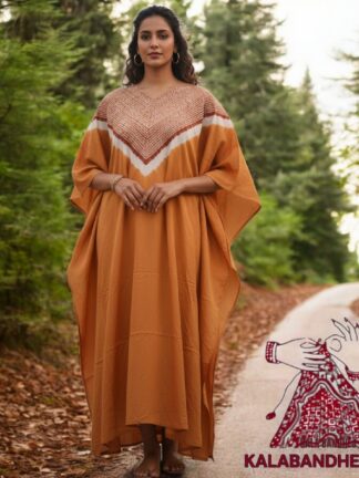 Dark Rust Shibori Neck Kaftan Pure Modal Silk