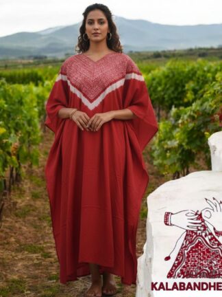 Red Shibori Neck Kaftan Pure Modal Silk