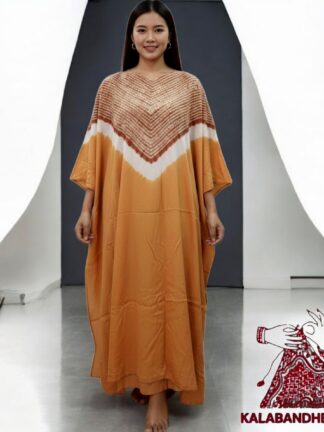 Mango Mustered Shibori Neck Kaftan Pure Modal Silk