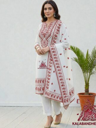 White Red Pure Cotton Thread Kutchi Work Abha Dress Material