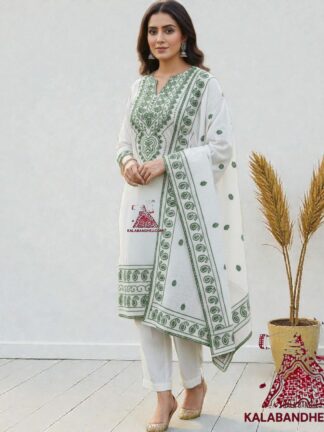White Green Pure Cotton Thread Kutchi Work Abha Dress Material