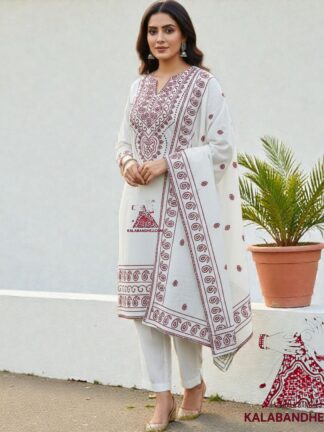 White Marron Pure Cotton Thread Kutchi Work Abha Dress Material