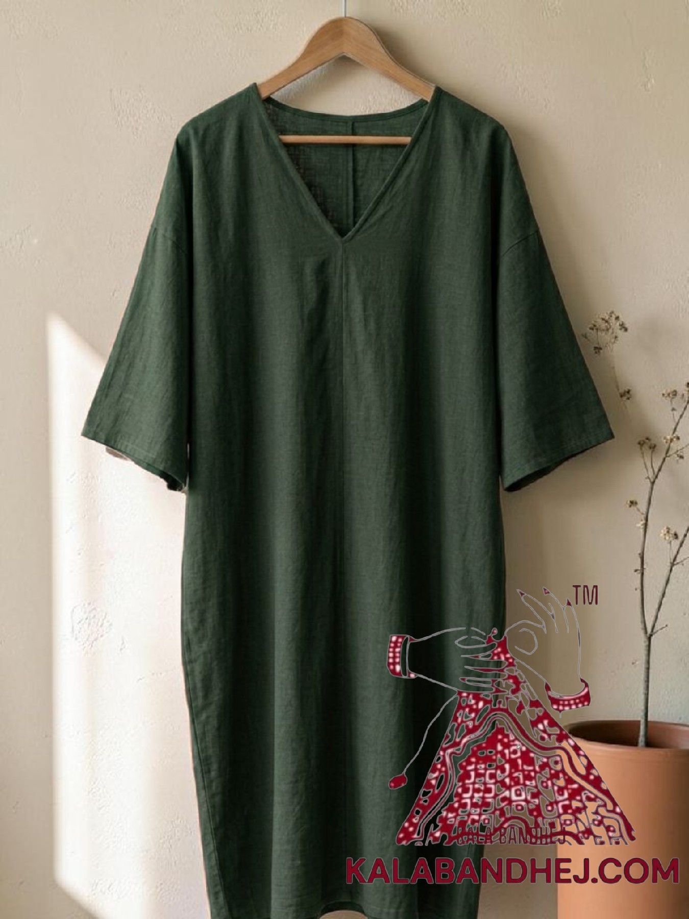 Green Plain Hand Dyed Kaftan Pure Cotton