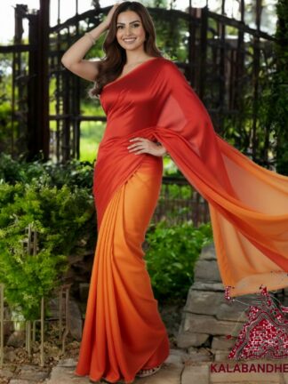 Orange Red Ombre Plain Saree Hand Dyed Pure Modal Silk