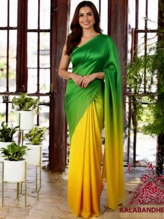 Yellow Green Ombre Plain Saree Hand Dyed Pure Modal Silk