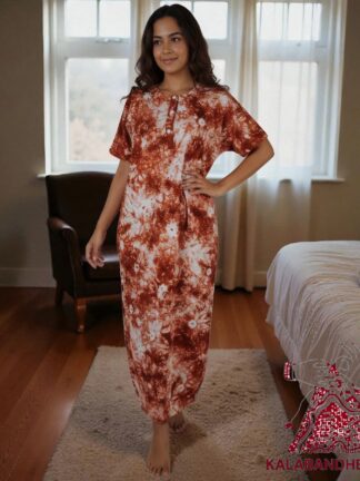 Rust Bandhani Pure Cotton Tie Dye Night Gown Nighty