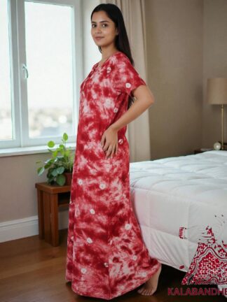 Red Bandhani Pure Cotton Tie Dye Night Gown Nighty