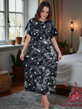 Grey Bandhani Pure Cotton Tie Dye Night Gown Nighty