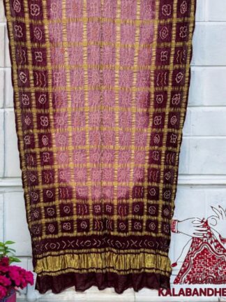 Dark Brown Creamed Pink Bandhani Gharchola Dupatta Pure Gaji Silk