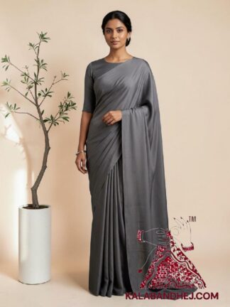 Grey Plain Saree Hand Dyed Pure Modal Silk