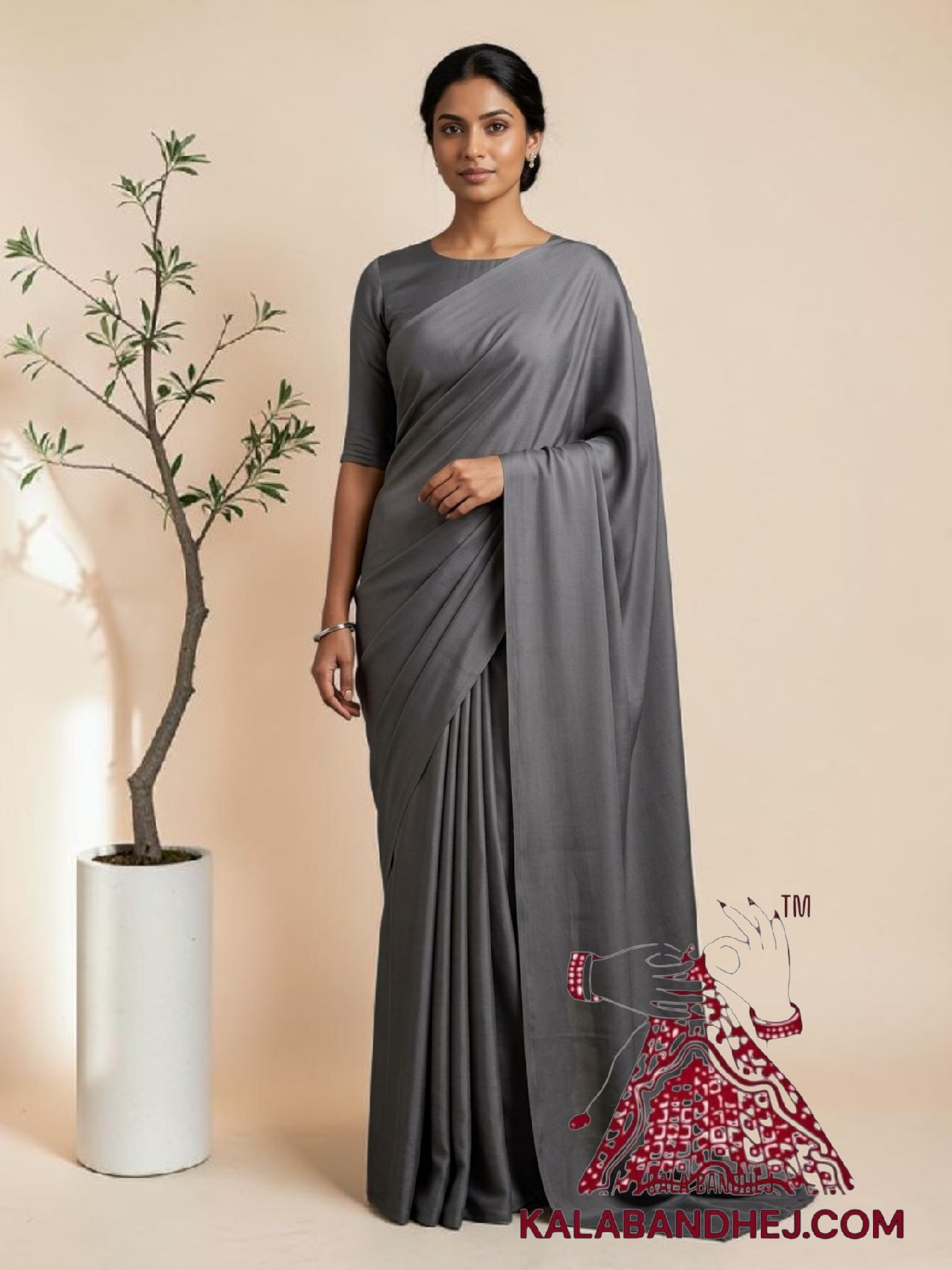 Grey Plain Saree Hand Dyed Pure Modal Silk