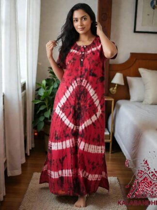 Red Shibori Pure Cotton Tie Dye Night Gown Nighty