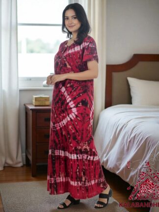 Dark Pink Shibori Pure Cotton Tie Dye Night Gown Nighty