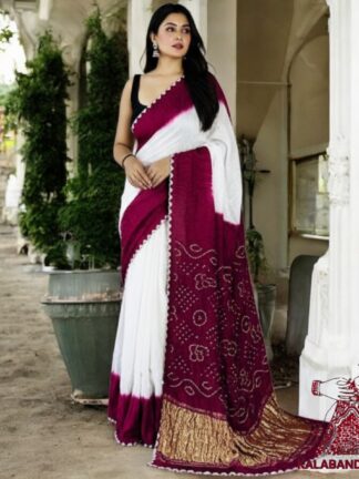 Wine White Panetar Bandhani Saree Pure Modal Silk