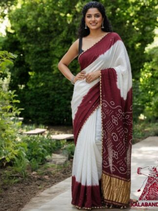 Marron White Panetar Bandhani Saree Pure Modal Silk