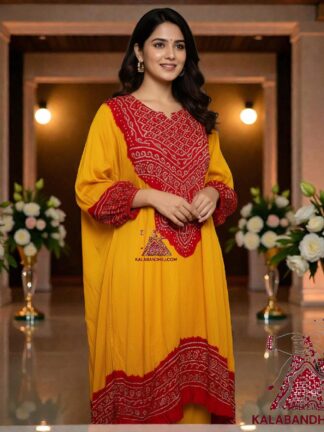 Yellow Red Abha Pure Gaji Silk Bandhani Suit Designer