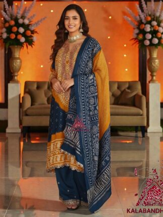 Mustured T Blue Abha Pure Gaji Silk Bandhani Suit Designer Kutchi Work