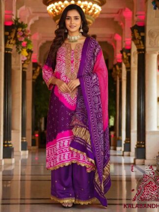 Pink Magenta Abha Pure Gaji Silk Bandhani Suit Designer Kutchi Work