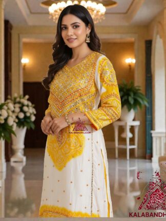 Yellow Abha Pure Gaji Silk Bandhani Suit Designer Kutchi Work