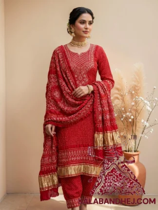 Bridal Red Shikari Abha Bandhani 3-Piece Suit in Pure Gaji Silk