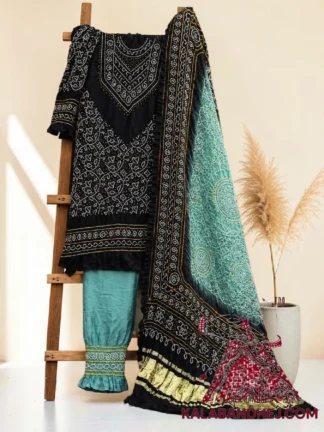 Black Rama Abha Bandhani 3-Piece Suit in Pure Gaji Silk