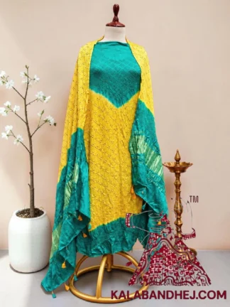 Rama Yellow Abha Bandhani 3-Piece Neck Yoak Suit in Pure Gaji Silk