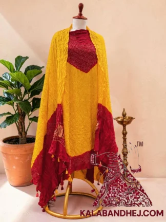 Yellow Red Abha Bandhani 3-Piece Suit in Pure Gaji Silk