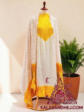 Yellow White Abha Abha Bandhani 3-Piece Suit in Pure Gaji Silk