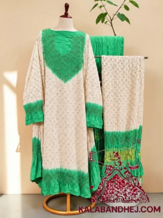 Rama Green White Abha Bandhani 3-Piece Neck Yoak Suit in Pure Gaji Silk
