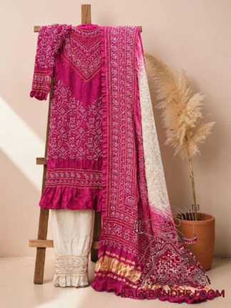 Magenta Pink Off White Abha Bandhani 3-Piece Suit in Pure Gaji Silk