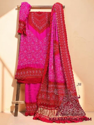 Pink Red Abha Bandhani 3-Piece Suit in Pure Gaji Silk