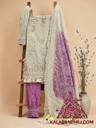 Beige Lilac Abha Bandhani 3-Piece Suit in Pure Gaji Silk