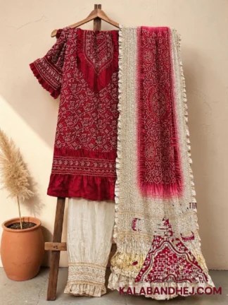 Red Ivory Abha Bandhani 3-Piece Suit in Pure Gaji Silk