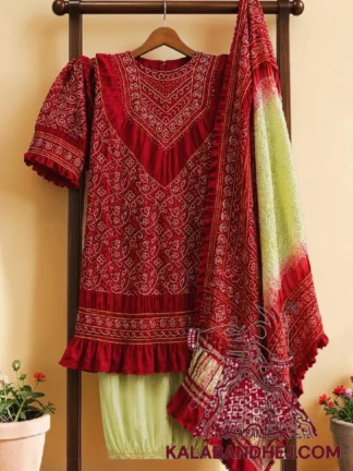 Red Pista Green Abha Bandhani 3-Piece Suit in Pure Gaji Silk