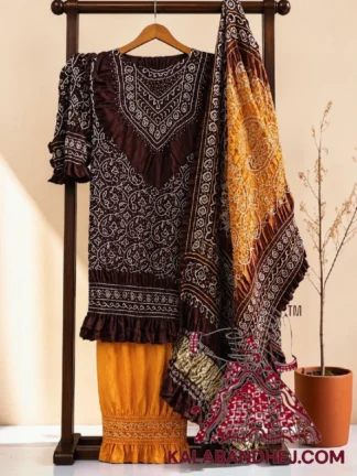Cofee Brown Warm Gold Mustard Abha Bandhani 3-Piece Suit in Pure Gaji Silk