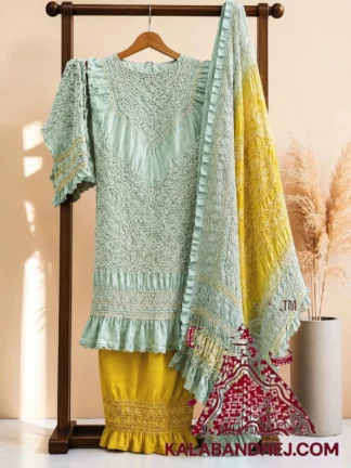 Mint Green Mustard Abha Bandhani 3-Piece Suit in Pure Gaji Silk