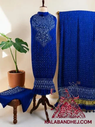 Blue Abha Bandhani 3-Piece Neck Yoak Suit in Pure Gaji Silk