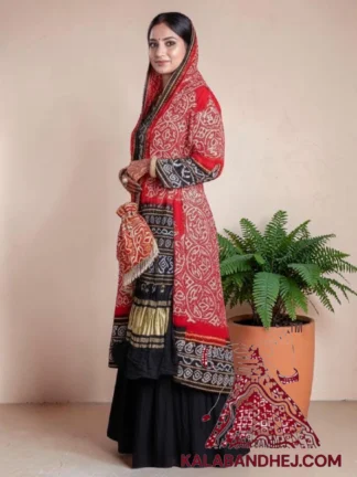 Black Red Abha Bandhani 3-Piece Suit in Pure Gaji Silk