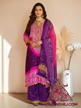 Pink Magenta Abha Bandhani 3-Piece Suit in Pure Gaji Silk Kutchi Work