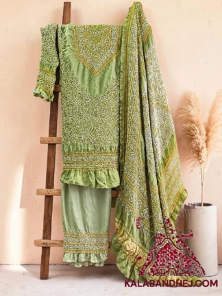 Saga Green Abha Bandhani 3-Piece Suit in Pure Gaji Silk