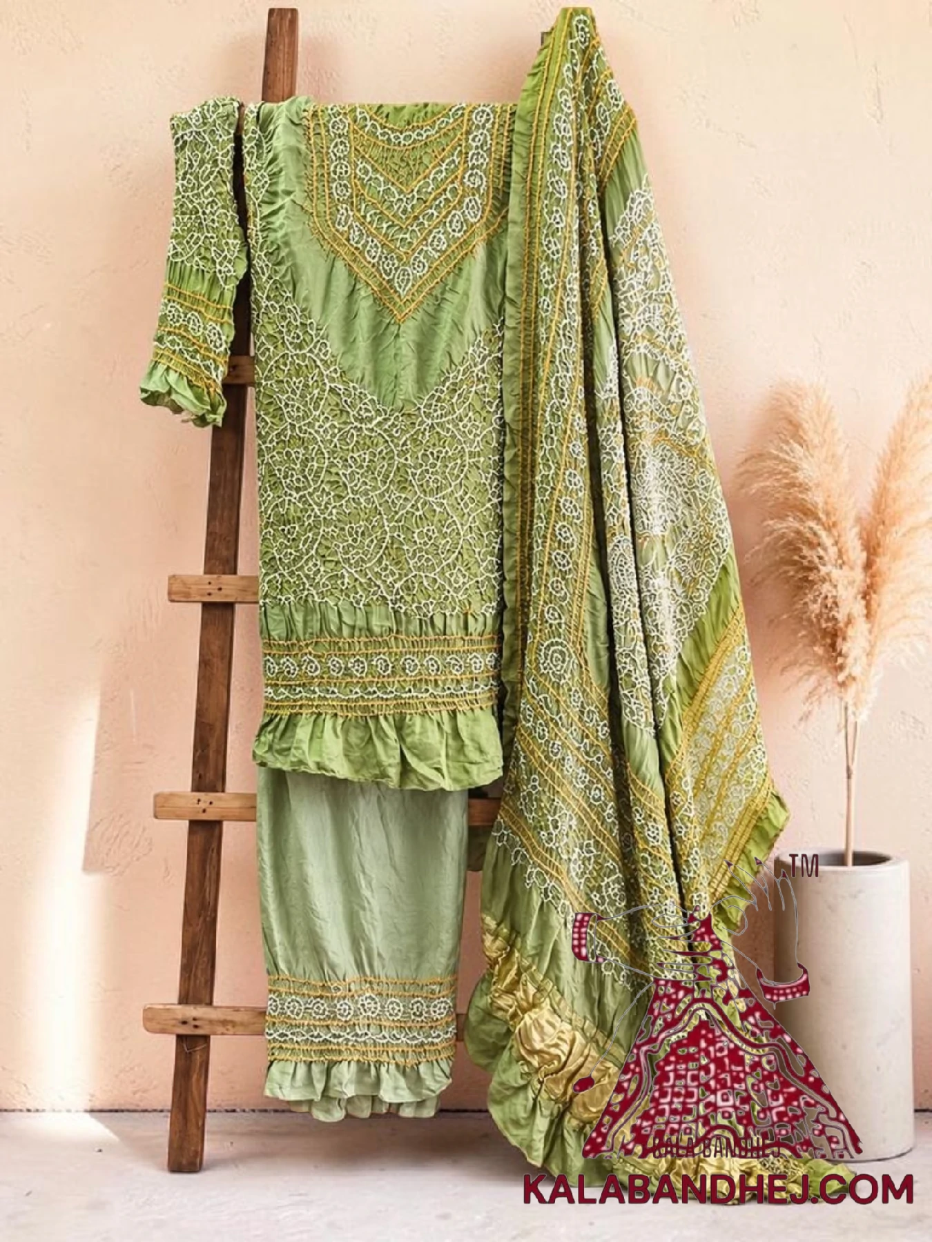 Saga Green Abha Bandhani 3-Piece Suit in Pure Gaji Silk