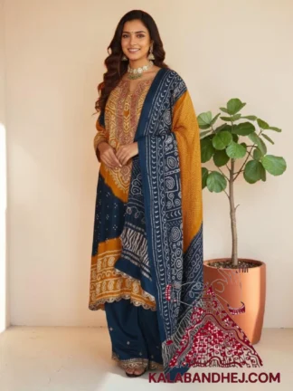 Mustured T Blue Abha Bandhani 3-Piece Suit in Pure Gaji Silk Kutchi Work