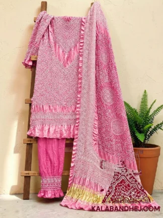 Baby Pink Abha Bandhani 3-Piece Suit in Pure Gaji Silk