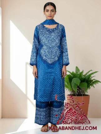 Blue Abha Neck Yoke Shaded Bandhani 3-Piece Pure Gaji Silk Suit Set