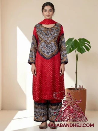 Red Black Abha Neck Yoke Bandhani 3-Piece Pure Gaji Silk Suit Set