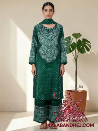 Green Abha Neck Yoke Shaded Bandhani 3-Piece Pure Gaji Silk Suit Set