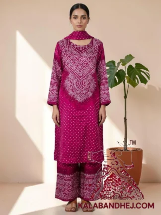 Magenta Pink Abha Neck Yoke Shaded Bandhani 3-Piece Pure Gaji Silk Suit Set