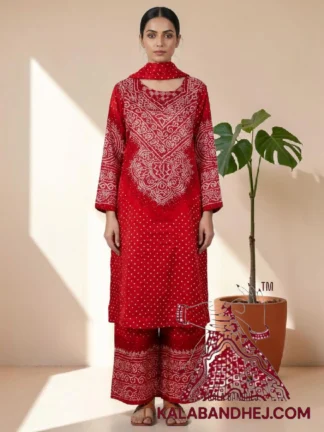 Red Abha Neck Yoke Shaded Bandhani 3-Piece Pure Gaji Silk Suit Set
