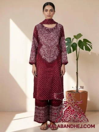Maroon Abha Neck Yoke Shaded Bandhani 3-Piece Pure Gaji Silk Suit Set