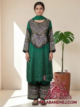 Green Black Abha Neck Yoke Shaded Bandhani 3-Piece Pure Gaji Silk Suit Set